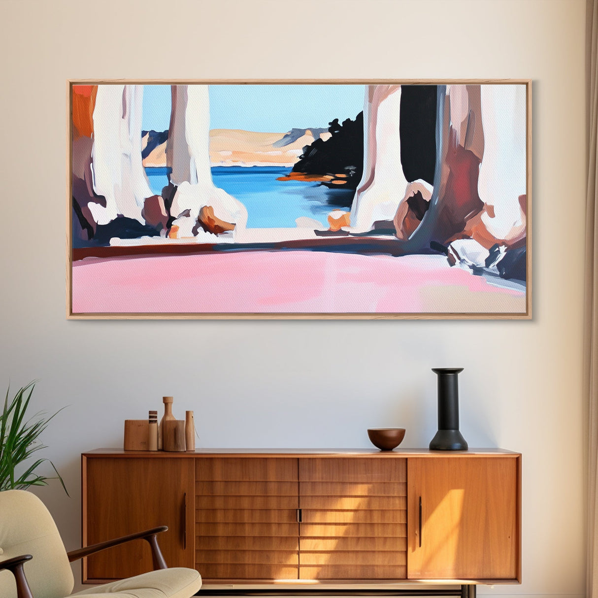 Tranquil Waters, Cliffside View, Serene Seascape, Framed Canvas Print, Coastal Wall Art, Boho Decor, Office Wall Art, Abstract Landscape