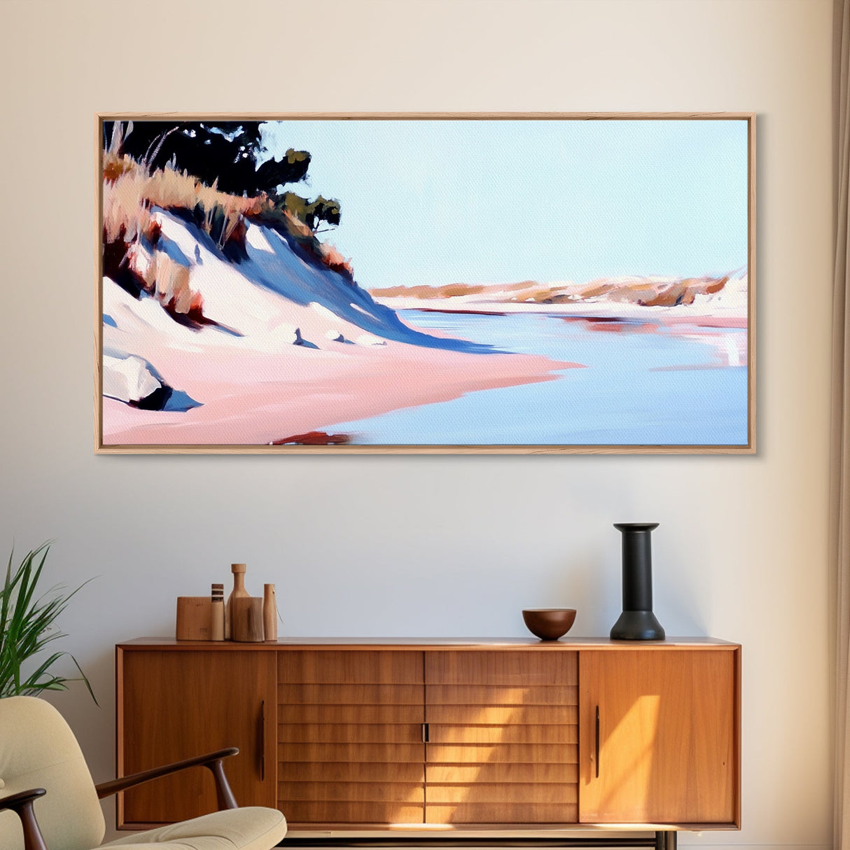 Sandy Riverbank, Minimalist Nature Art, Soft Pastel Landscape, Warm Earthy Print, Rustic Home Decor, Boho Wall Art, Framed Canvas Print
