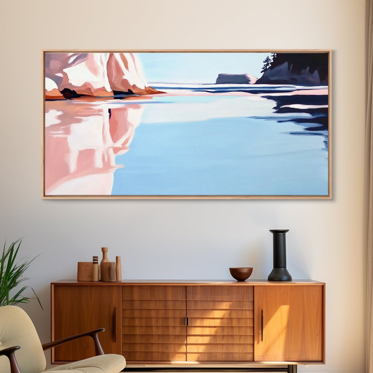 Reflections, Tranquil Beach Art, Ocean Wall Decor, Framed Canvas Print, Serene Coastal Painting, Pastel Seascape, Relaxing Artwork