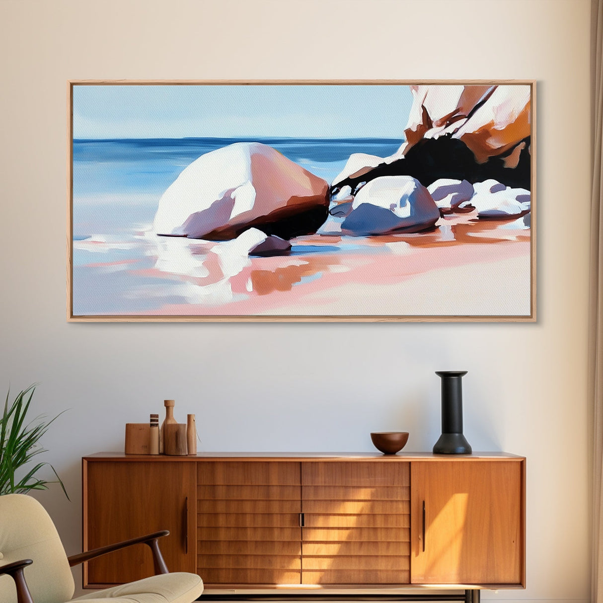 Ocean Stones, Beach Scene, Framed Canvas Print, Coastal Wall Art, Pastel Seascape, Nautical Decor, Serene Artwork, Bedroom Wall Art