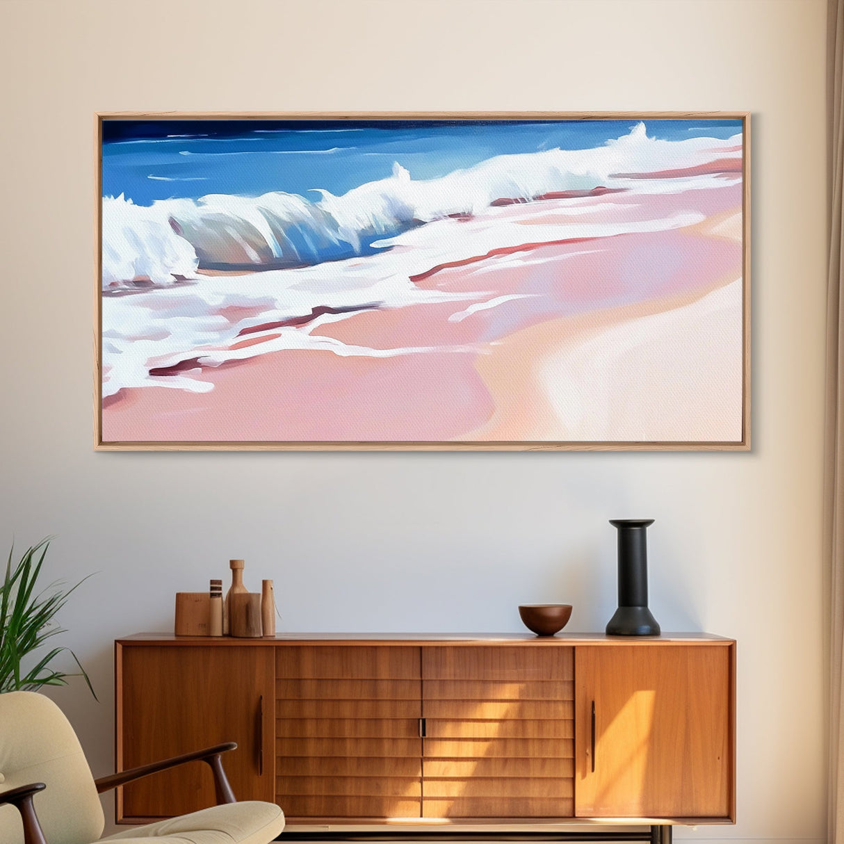 Pink Waves, Ocean Painting, Coastal Home Decor, Beach Wall Art, Summer Aesthetic, Minimalist Seascape, Canvas Print, Nautical Theme
