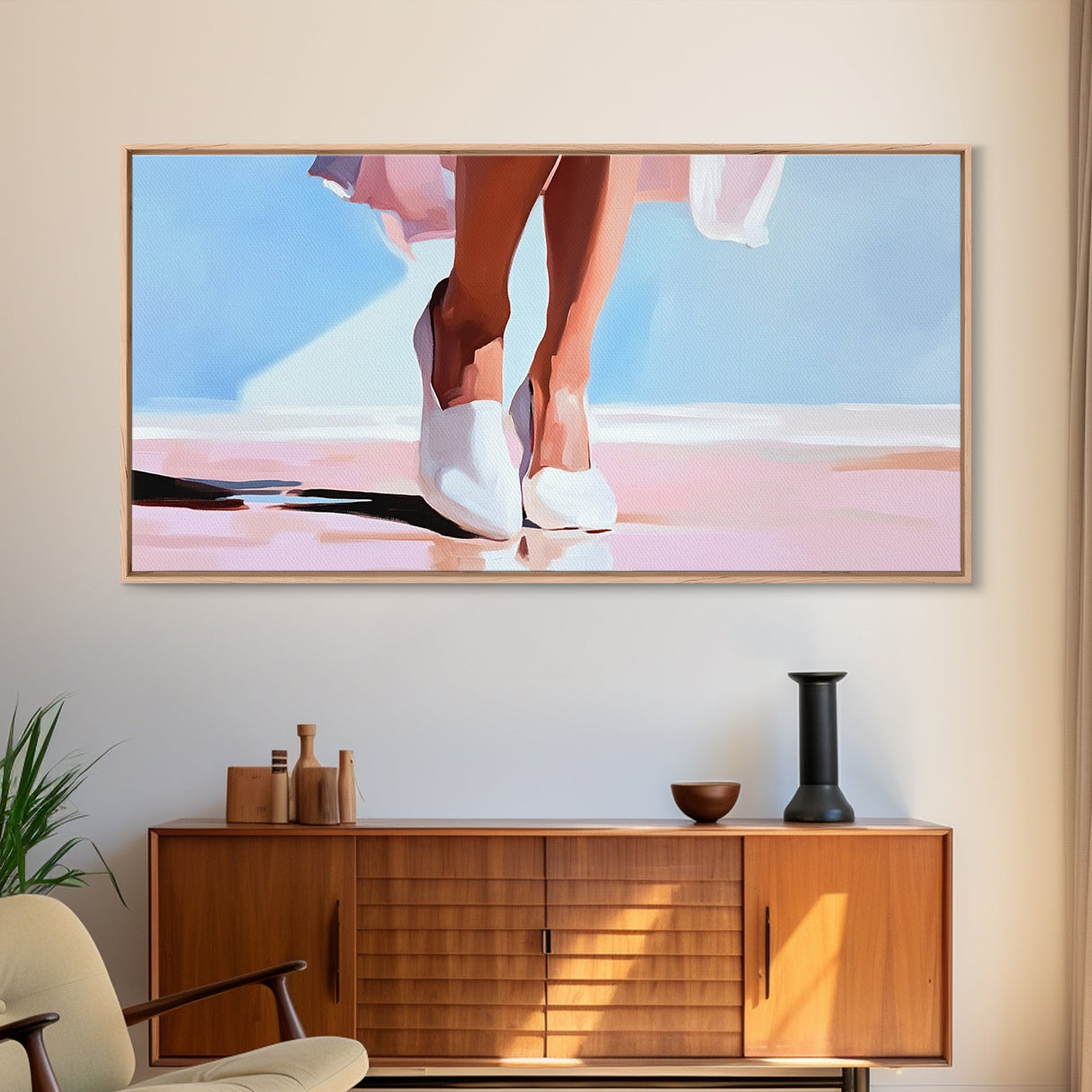 Elegant Walk, Feminine Art, Framed Canvas Print, Minimalist Painting, Pastel Tones, Chic Home Decor, Bedroom Wall Art