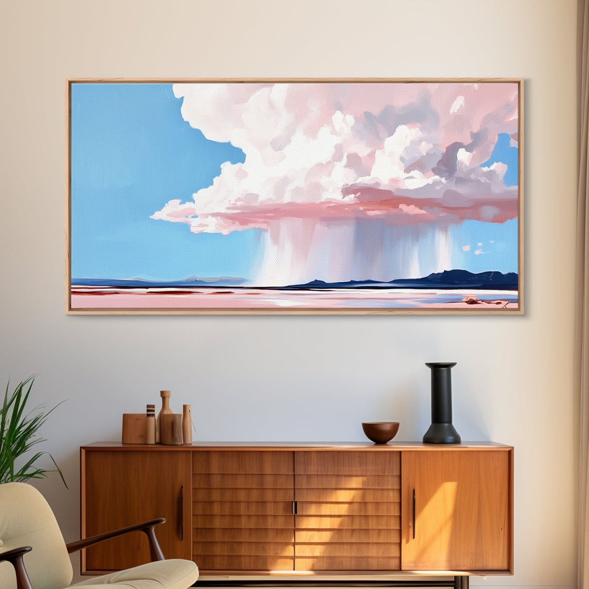 Rainstorm Horizon, Sky Art, Framed Canvas Print, Nature Wall Decor, Dreamy Landscape, Pastel Cloud Painting, Modern Home Vibes
