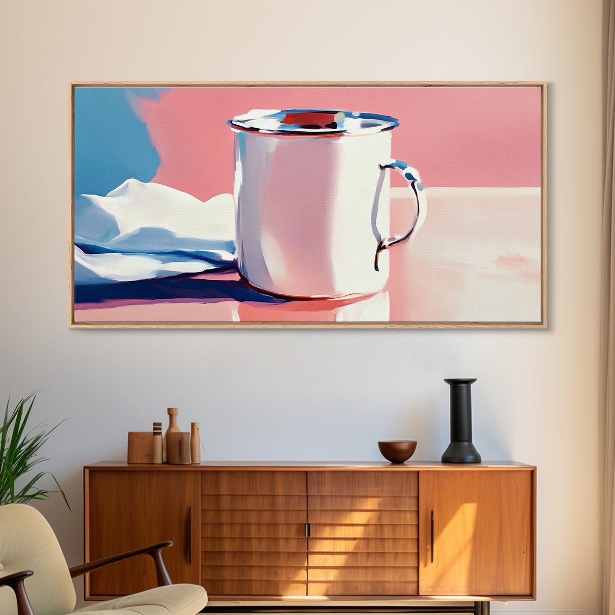 Enamel Mug, Rustic Kitchen, Framed Canvas Print, Minimalist Still Life, Vintage Aesthetic, Cozy Wall Art, Soft Pastel Painting