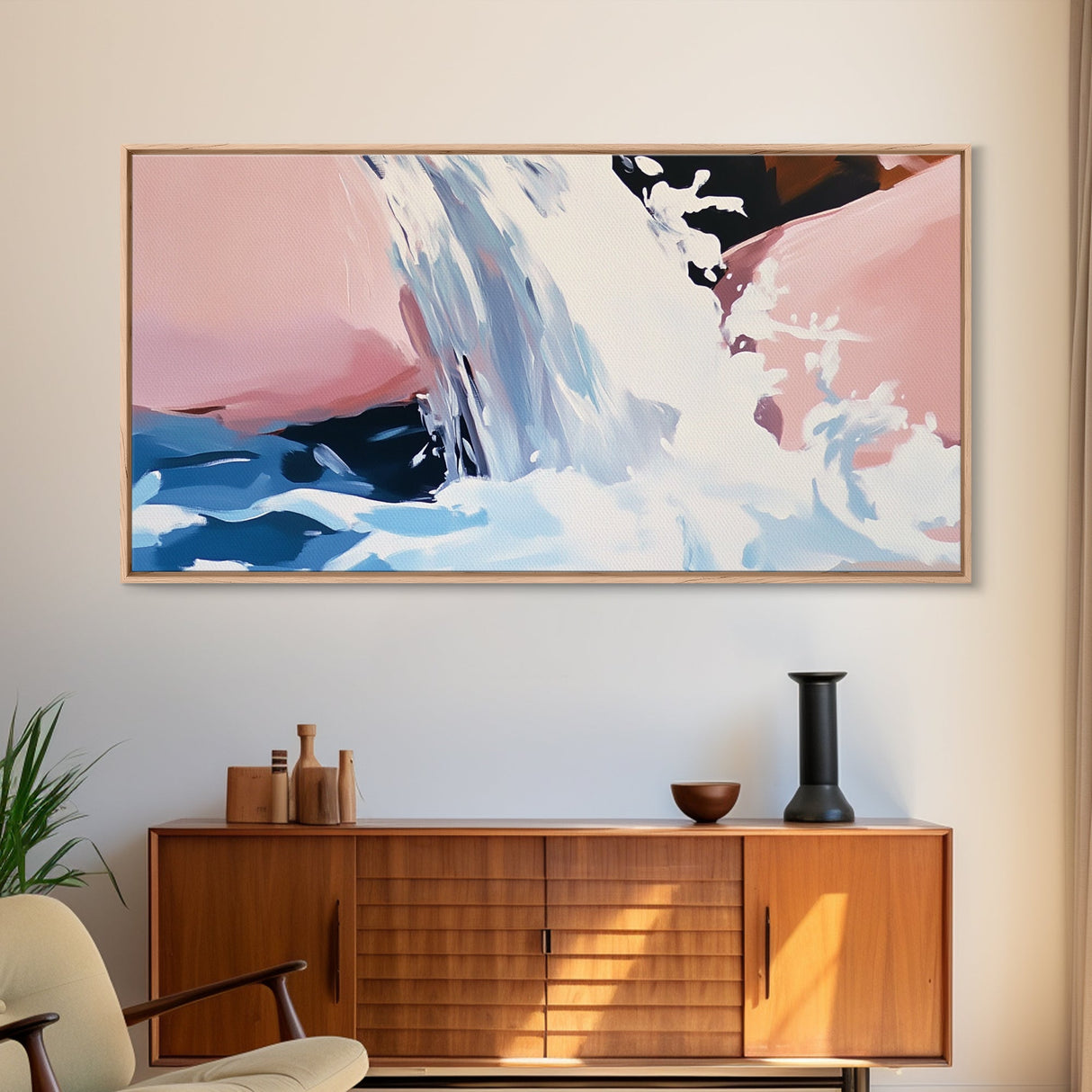 Waterfall, Abstract, Modern, Framed Canvas Print, Nature Wall Art, Minimalist Art, Bedroom Decor, Coastal Art, Blue and White Painting