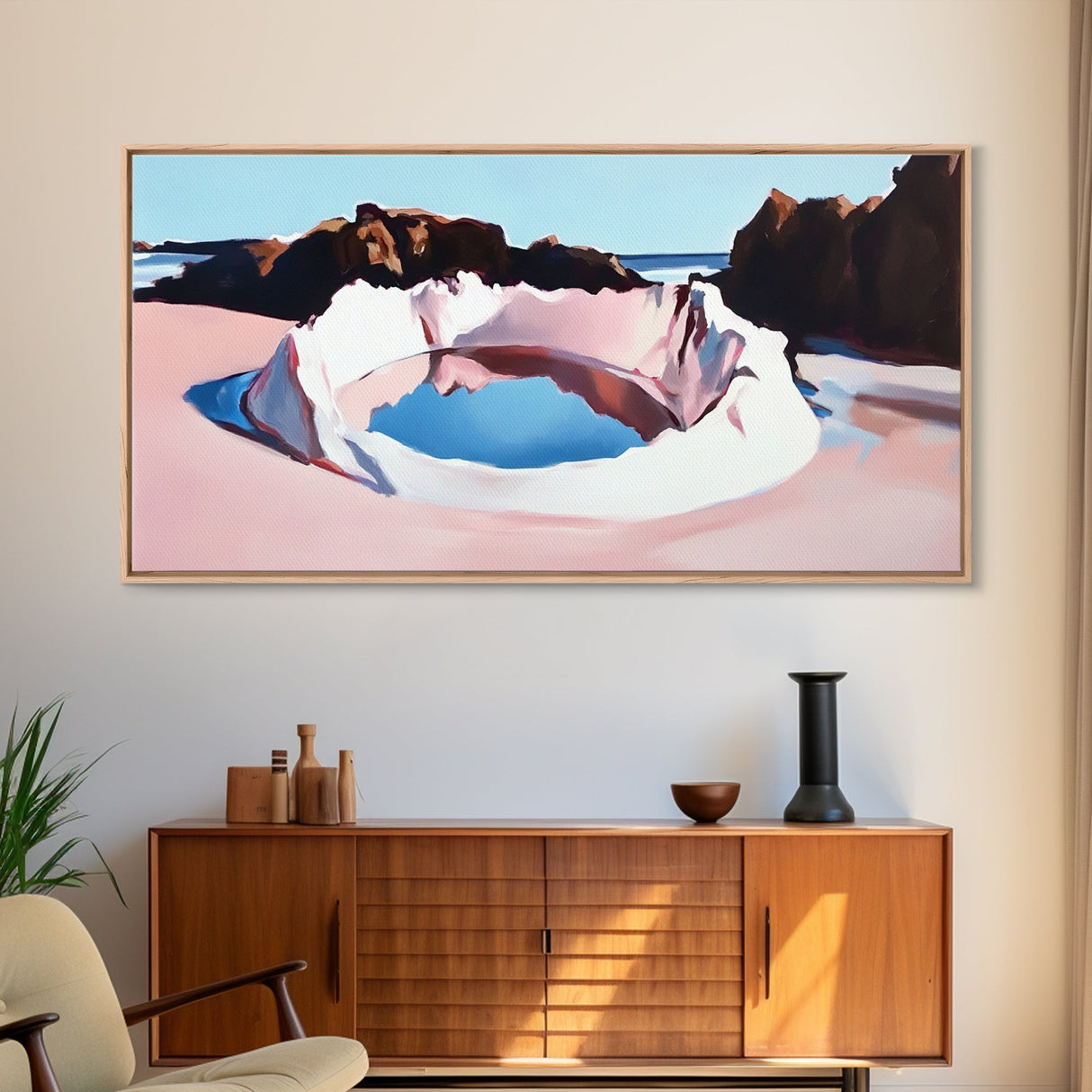 Ocean, Rock Pool, Abstract, Framed Canvas Print, Coastal Home Decor, Tranquil Artwork, Minimalist Landscape, Soft Pastel Painting