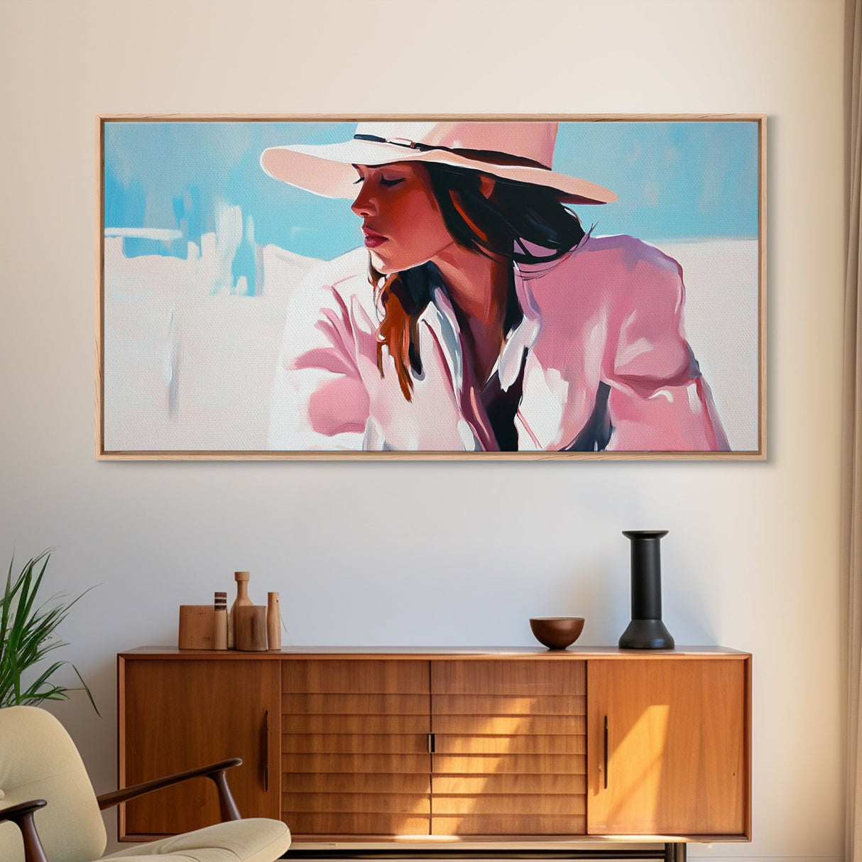 Woman, Sun Hat, Beach, Framed Canvas Print, Fashion Art, Minimalist Style, Boho Home Decor, Coastal Chic, Pastel Summer Painting