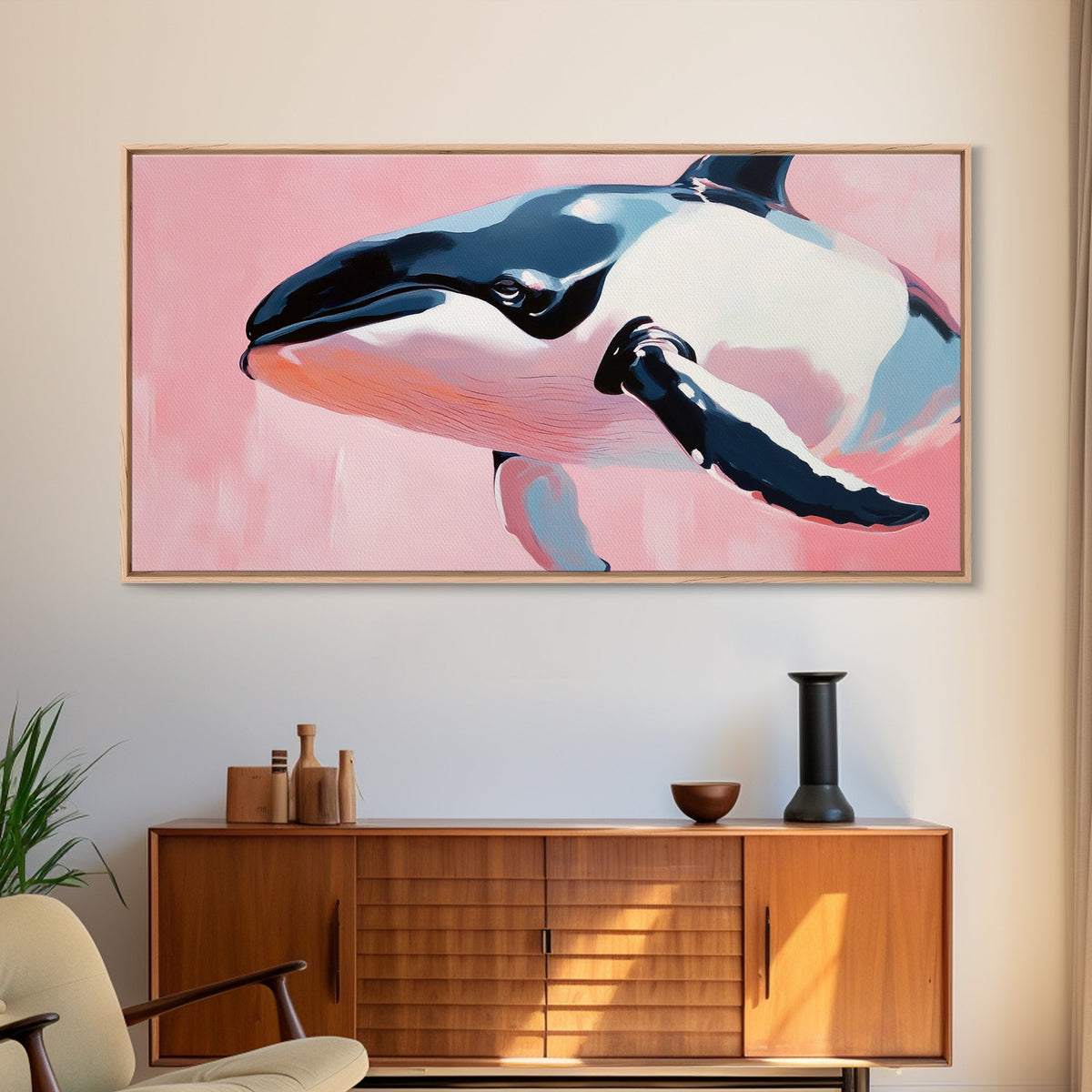 Whale, Ocean Beauty, Nautical Wall Art, Coastal Decor, Living Room Statement, Framed Canvas Print, Pastel Marine Life, Soft Pink Blue Tones
