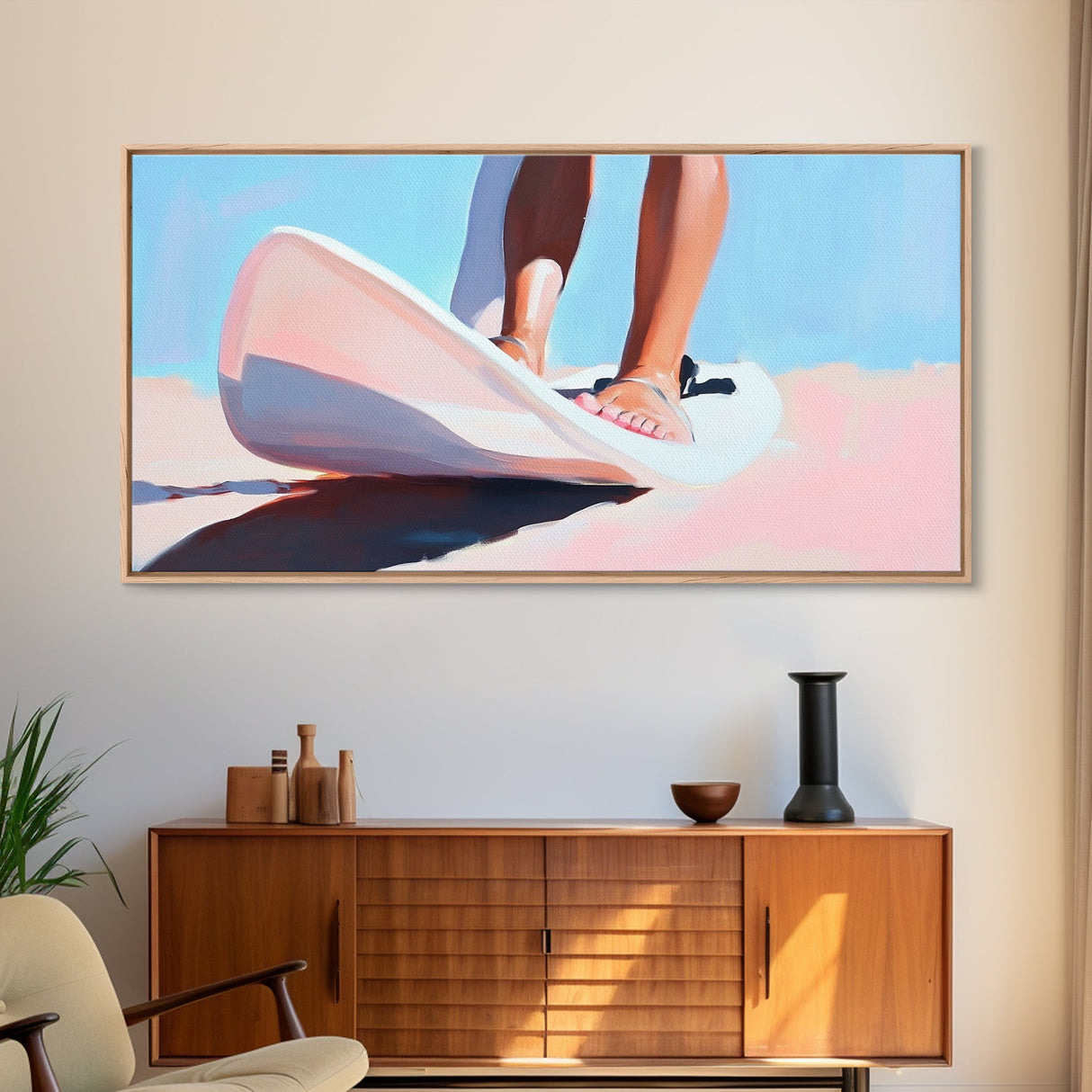 Surfing Vibes, Coastal Sport Art, Minimalist Ocean Painting, Pastel Beach Decor, Framed Canvas Print, Adventure Inspired, Living Room Art