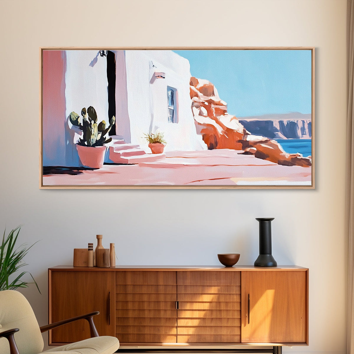 Cliffside House, Mediterranean Wall Art, Travel Print, Santorini Inspired Decor, Minimalist Aesthetic, Framed Canvas Print, Living Room