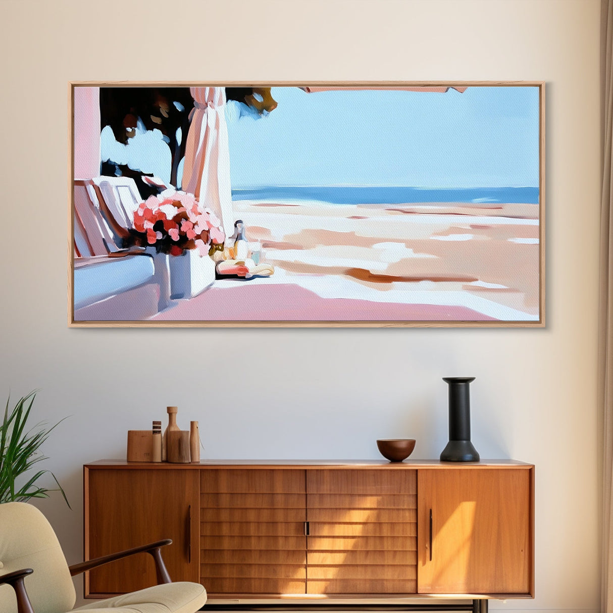 Beachside Terrace, Relaxing View, Oceanfront Art, Canvas Print, Coastal Home Decor, Nautical Painting, Living Room Wall Art, Blue Art