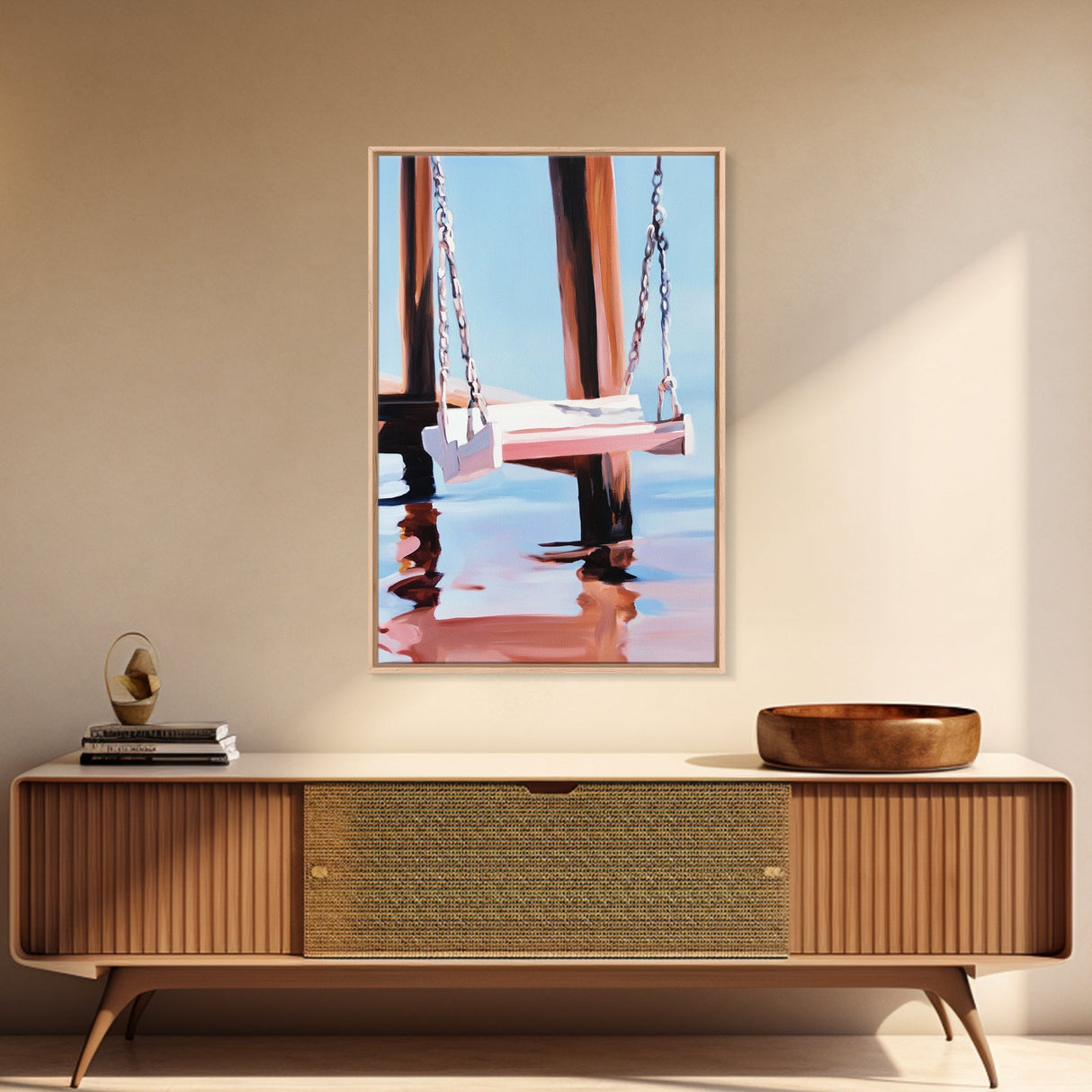 Dock Swing, Reflection Art, Nautical Decor, Relaxing Beach Scene, Minimalist Water Art, Canvas Print, Coastal Wall Art, Rustic Charm