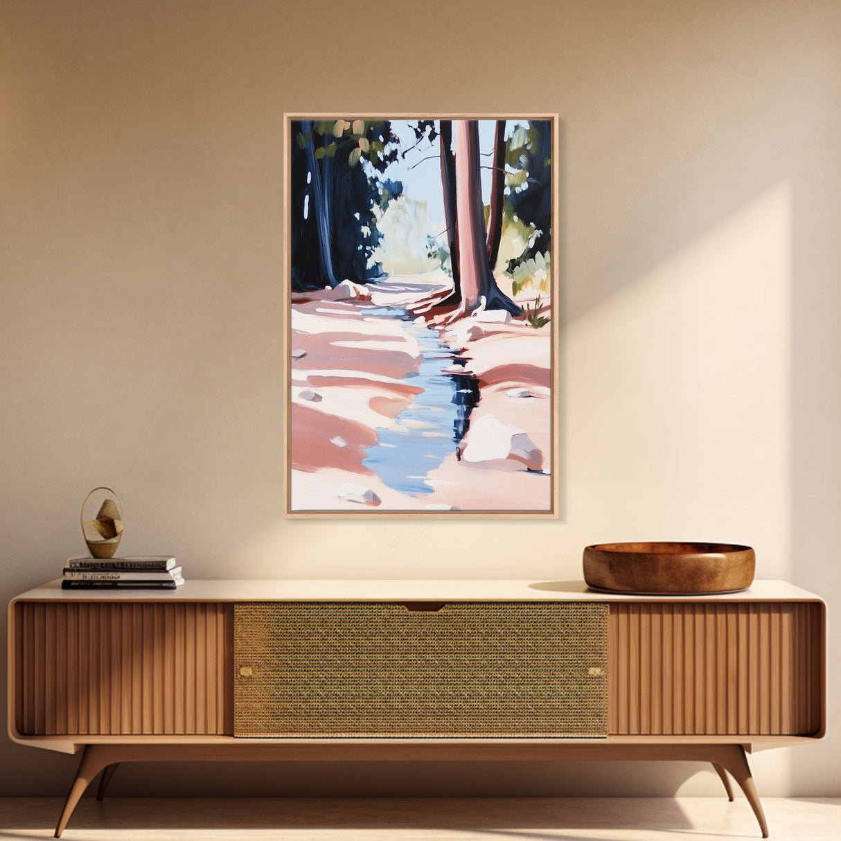 Nature Stream, Forest Landscape, Tranquil Woods, Framed Canvas Print, Minimalist Wall Art, Living Room Wall Decor, Rustic Home Decor