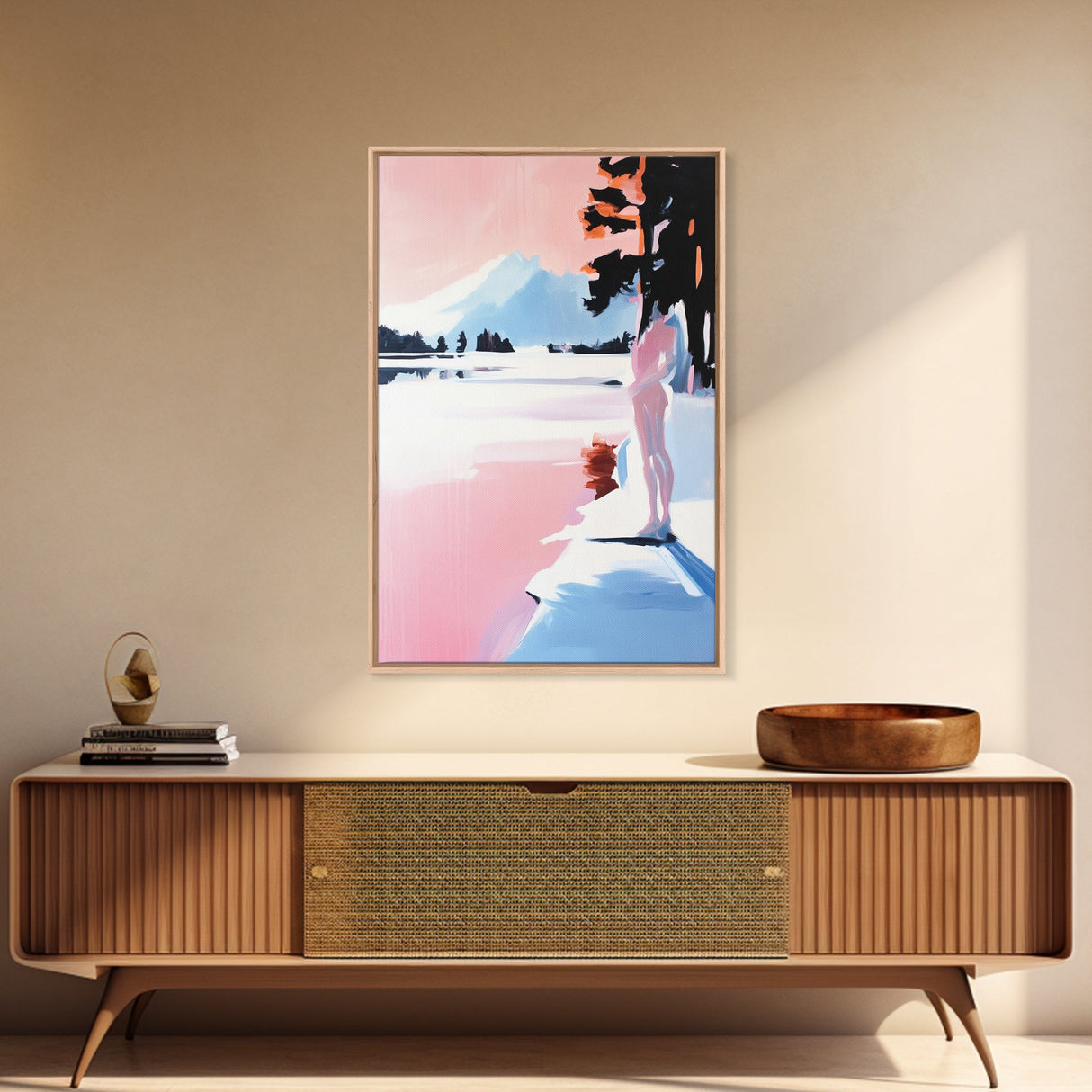 Sunset Lake, Mountain Reflection, Dreamy Landscape, Pastel Art, Framed Canvas Print, Living Room Wall Art, Romantic Nature Scene