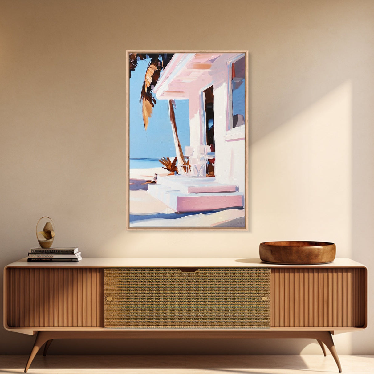 Tropical House, Palm Trees, Beach Art, Modern Coastal, Framed Canvas Print, Relaxing Home Decor, Minimalist Aesthetic, Summer Escape