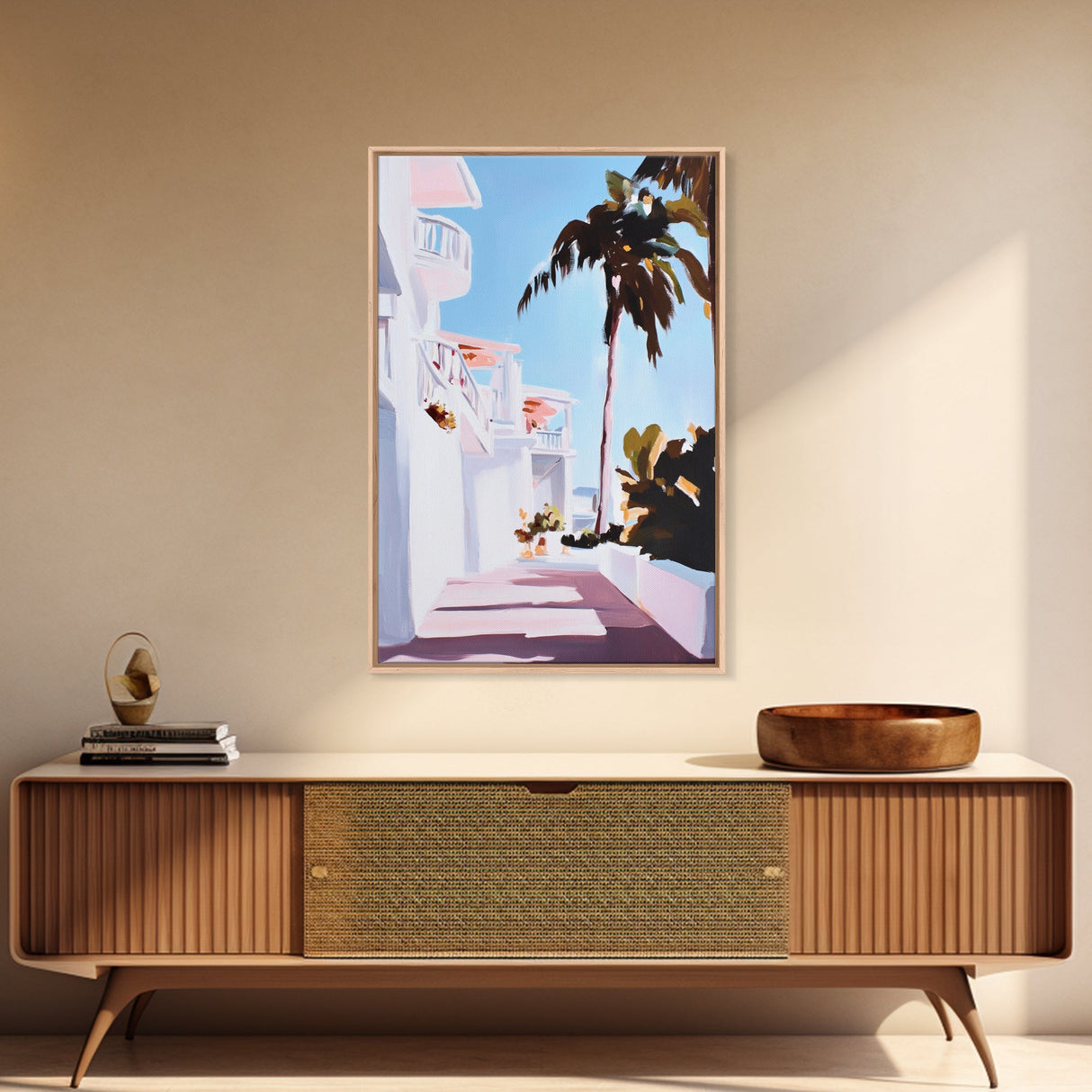 Tropical Balcony View, Palm Tree Painting, Coastal Boho Art, Framed Canvas Print, Mediterranean Aesthetic, Living Room Wall Art, Beach House Decor