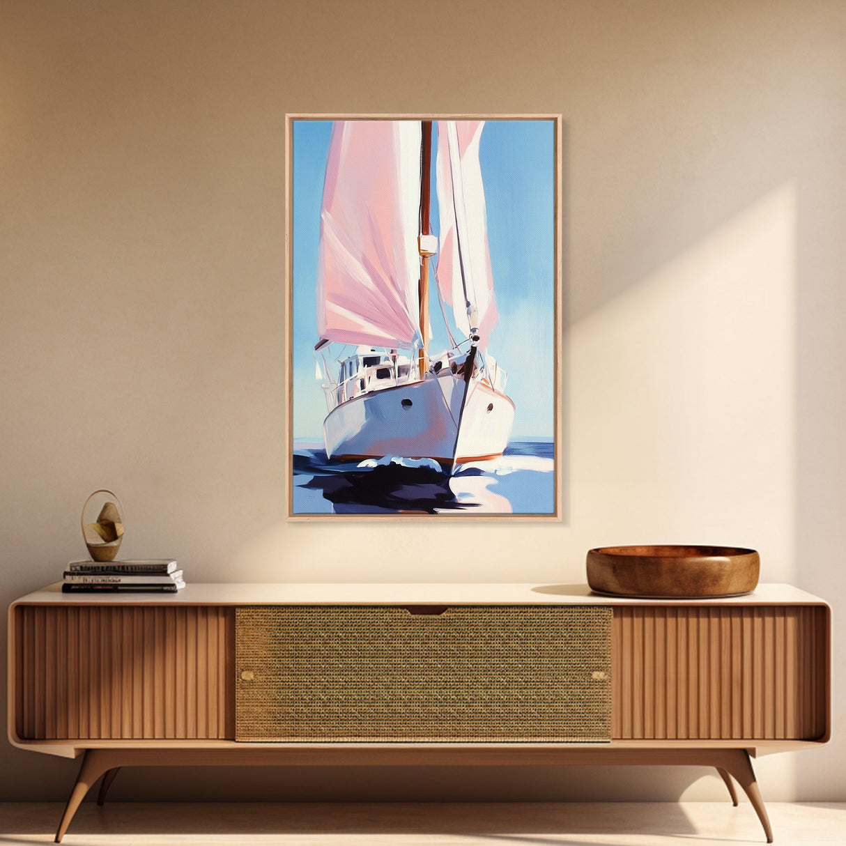 Sailboat, Nautical Decor, Ocean Theme, Maritime Art, Coastal Wall Art, Blue and Pink, Travel Inspired, Framed Canvas Print, Living Room