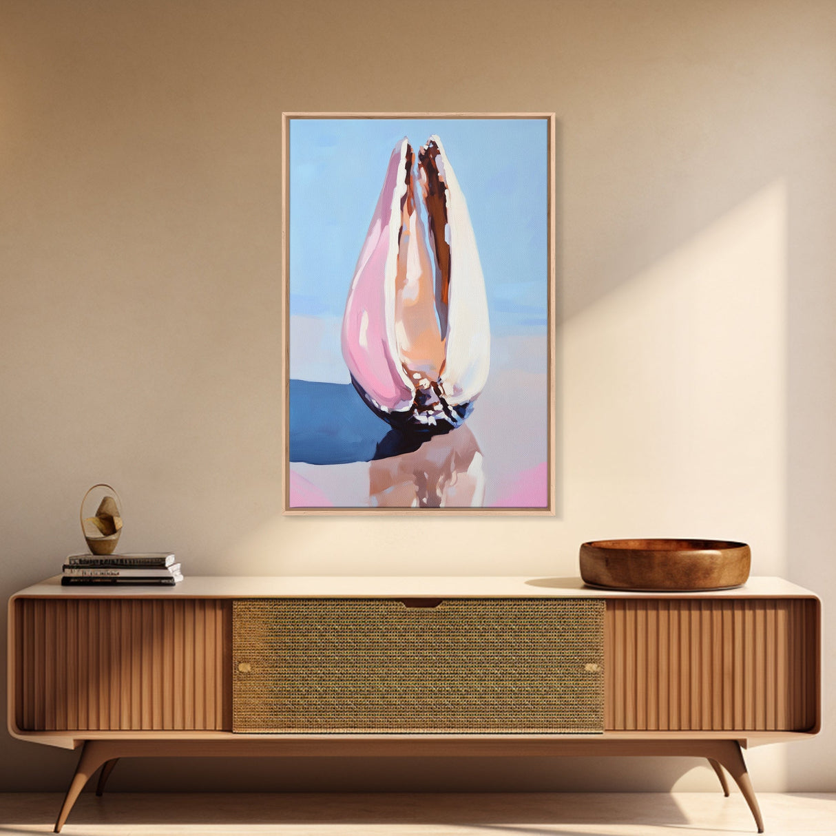 Seashell Still Life, Ocean Treasures, Beach Vibes, Framed Canvas Print, Coastal Wall Art, Minimalist Nautical Decor, Bedroom Artwork