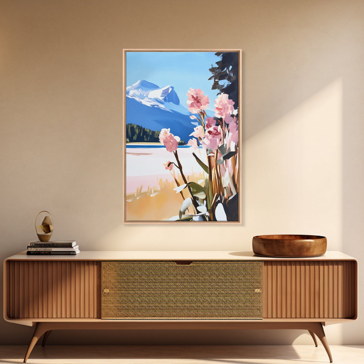Mountain Flowers, Nature Landscape, Romantic Aesthetic, Rustic Cabin, Framed Canvas Print, Cozy Home Decor, Living Room Wall Art