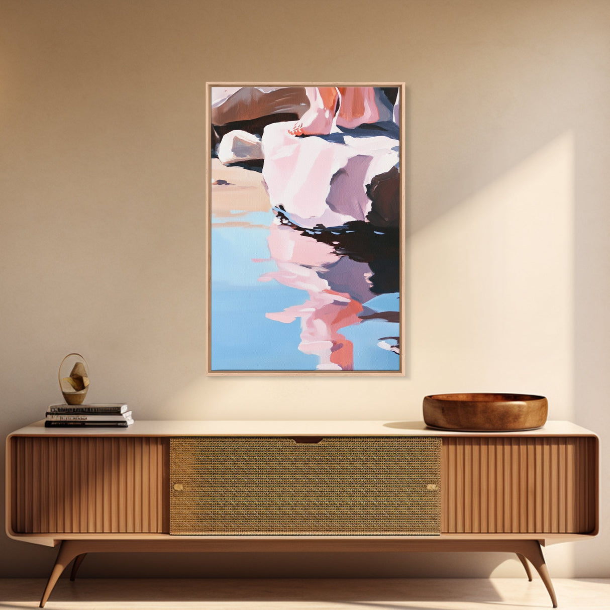 Reflection Art, Minimalist Design, Pink and Blue Landscape, Soft Hues, Modern Wall Decor, Framed Canvas Print, Living Room