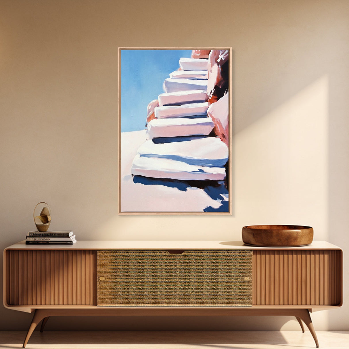 Stairway To Sky, Abstract Architecture, Minimalist Art, Modern Wall Decor, Soft Pastel Tones, Framed Canvas Print, Bedroom