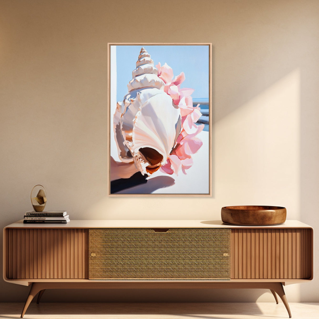 Seashell, Pink Flowers, Beach Aesthetic, Coastal Wall Art, Framed Canvas Print, Nautical Decor, Ocean Lover, Bedroom Art