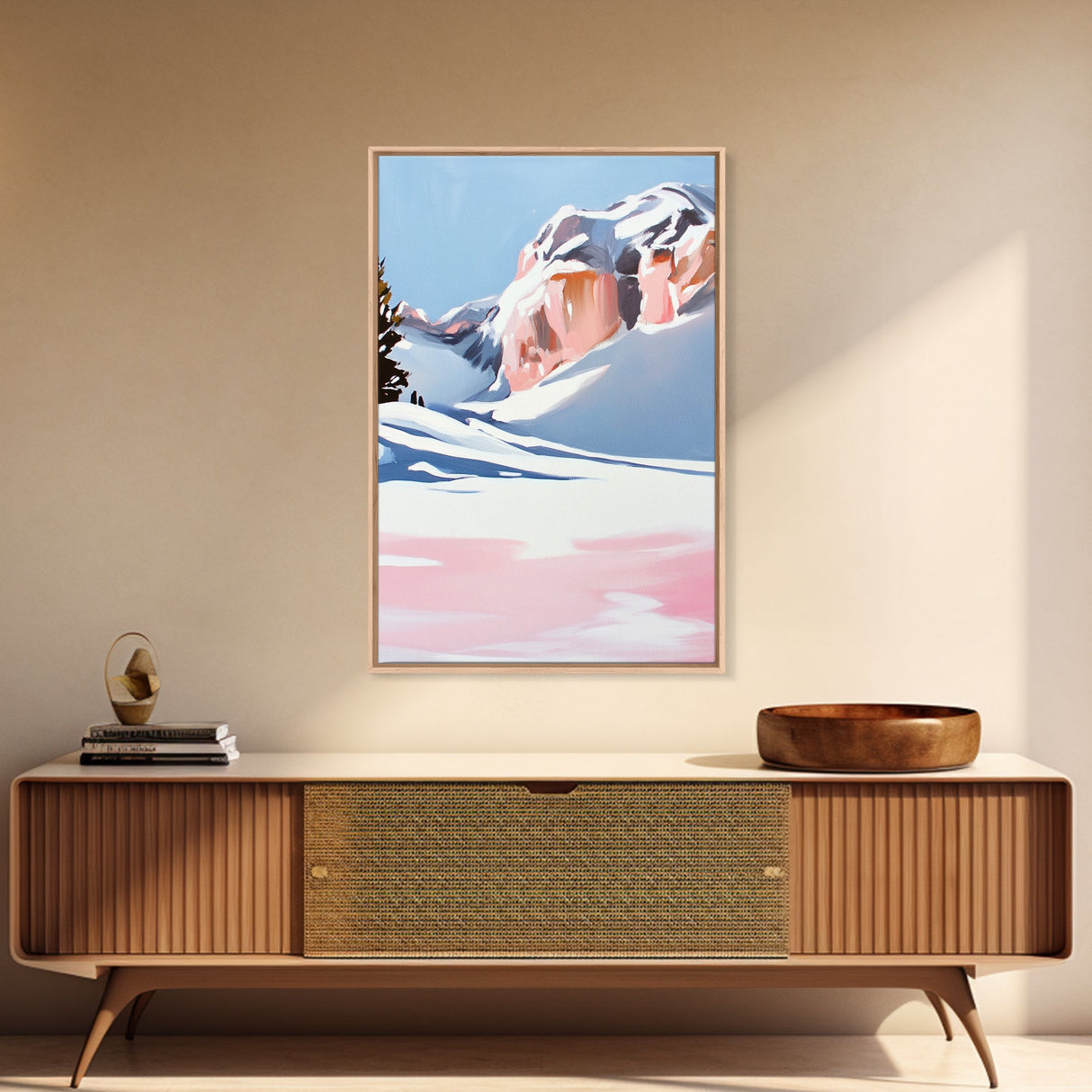 Snowy Mountains, Pink Winter Landscape, Minimalist Christmas Art, Modern Nature Painting, Cozy Lodge Wall Art, Canvas Print