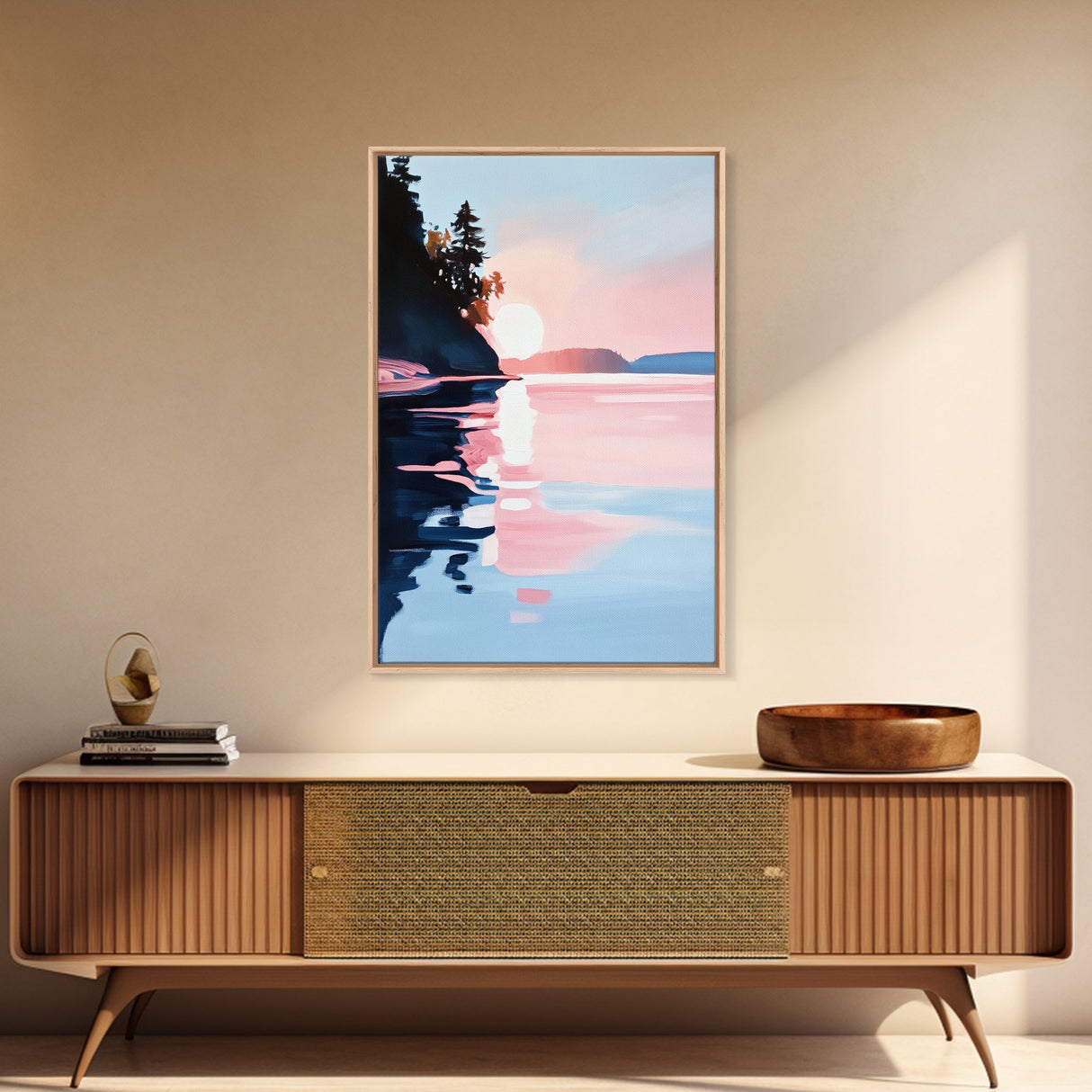 Sunset Reflections, Coastal Wall Art, Framed Canvas Print, Minimalist Landscape, Pastel Beach Decor, Living Room Art, Modern Seascape