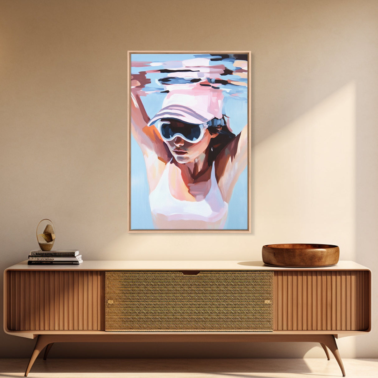Woman swimming, Coastal Serenity Art, Framed Canvas Print, Modern Beach House Decor, Soft Pastel Seascape, Minimalist Landscape Painting