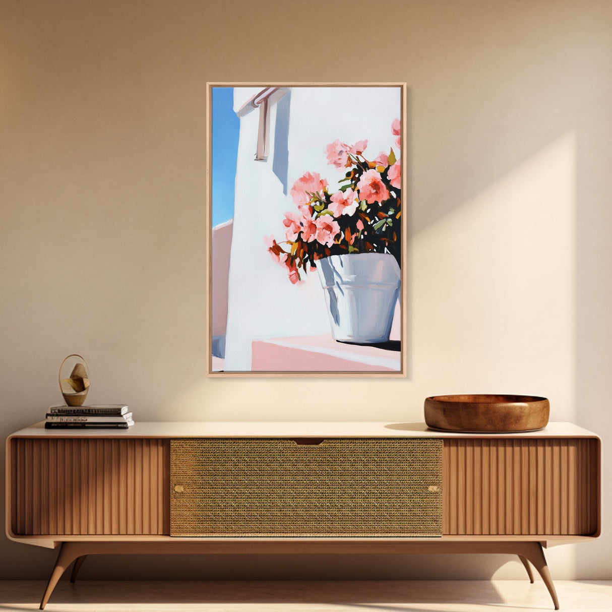 Mediterranean, Flower Pot, Canvas Print, Modern Minimalist Painting, Bright Floral Wall Decor, White and Pink Art, Kitchen Wall Art