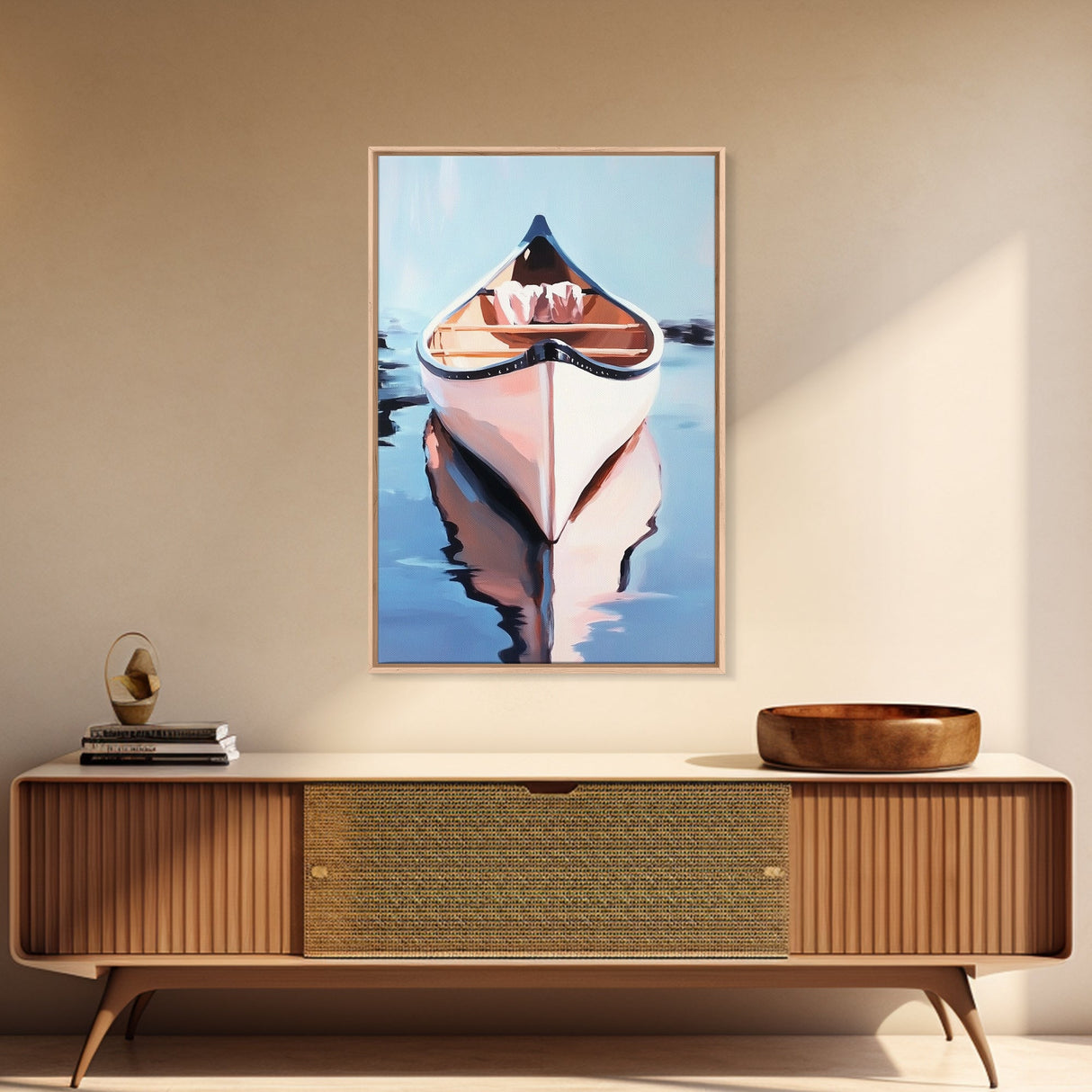 Serene Canoe, Still Lake, Calm Water, Canvas Print, Nature Lover Art, Nautical Home Decor, Coastal Wall Art, Tranquil Modern Aesthetic
