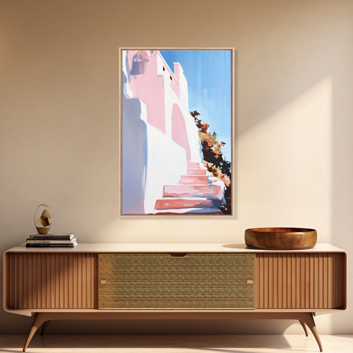 Mediterranean Steps, Coastal Wall Art, Santorini Print, Blue and Pink Decor, Travel Painting, Framed Canvas Print, Living Room Art