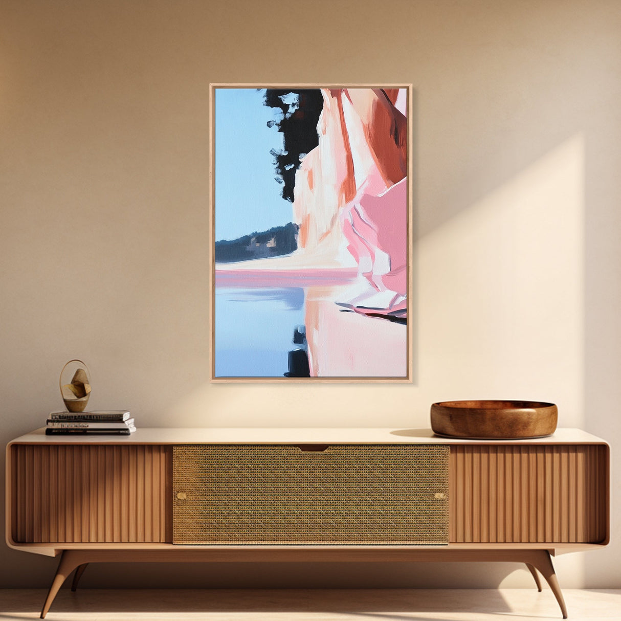 Lakeside Reflection, Calm Water Art, Serene Landscape, Pink and Blue Painting, Boho Minimalist Decor, Framed Canvas Print, Gift Idea