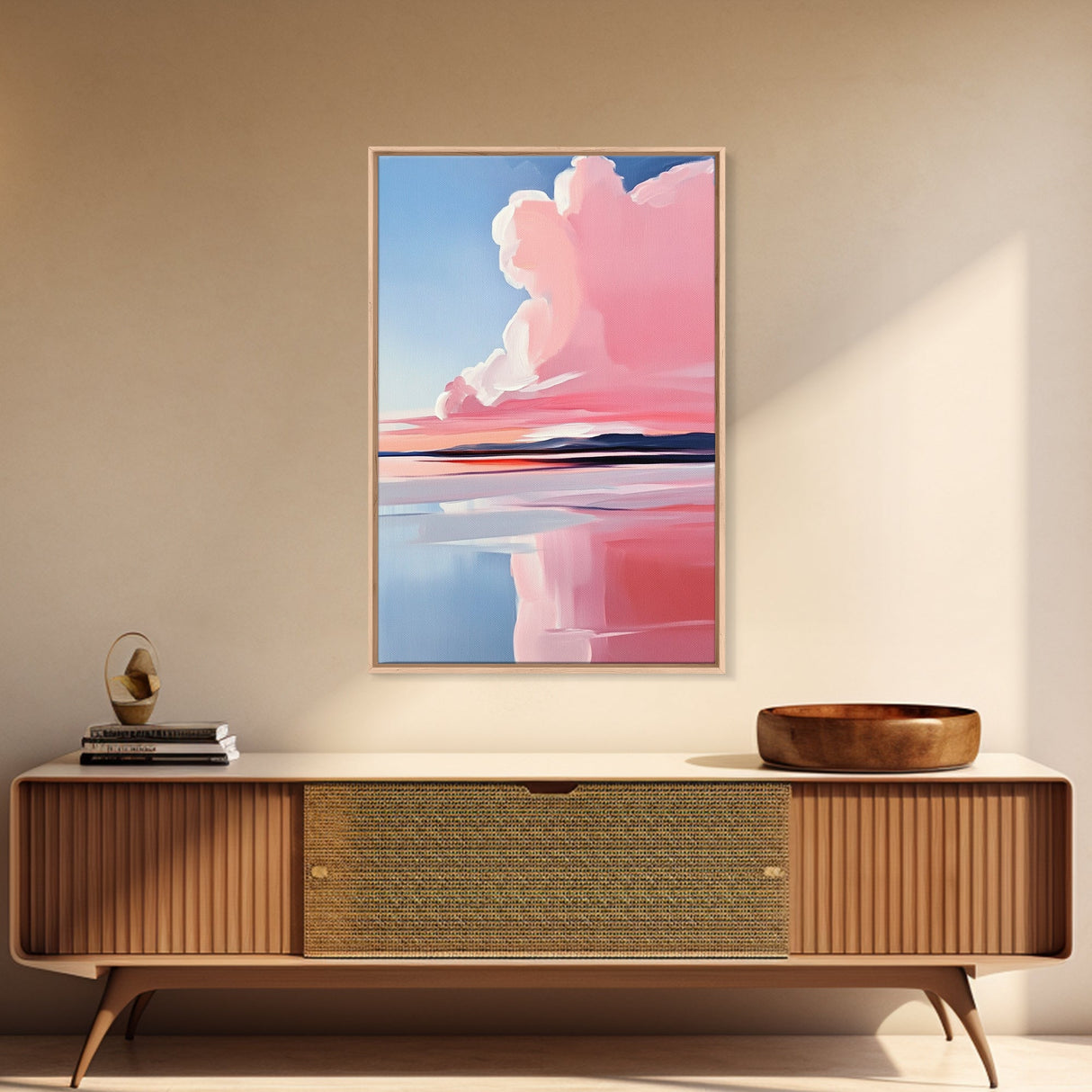 Lakeside Reflection, Calm Water Art, Serene Landscape, Pink and Blue Painting, Boho Minimalist Decor, Framed Canvas Print, Gift Idea