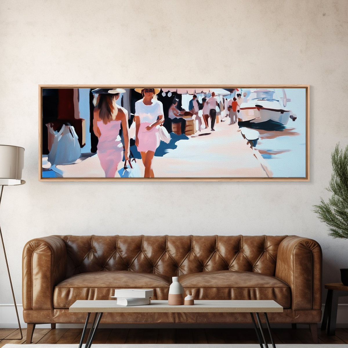 Summer Market, Stylish Women, Canvas Print, European Street Scene, Coastal Town, Fashion Artwork, Chic Home Decor, Travel Aesthetic
