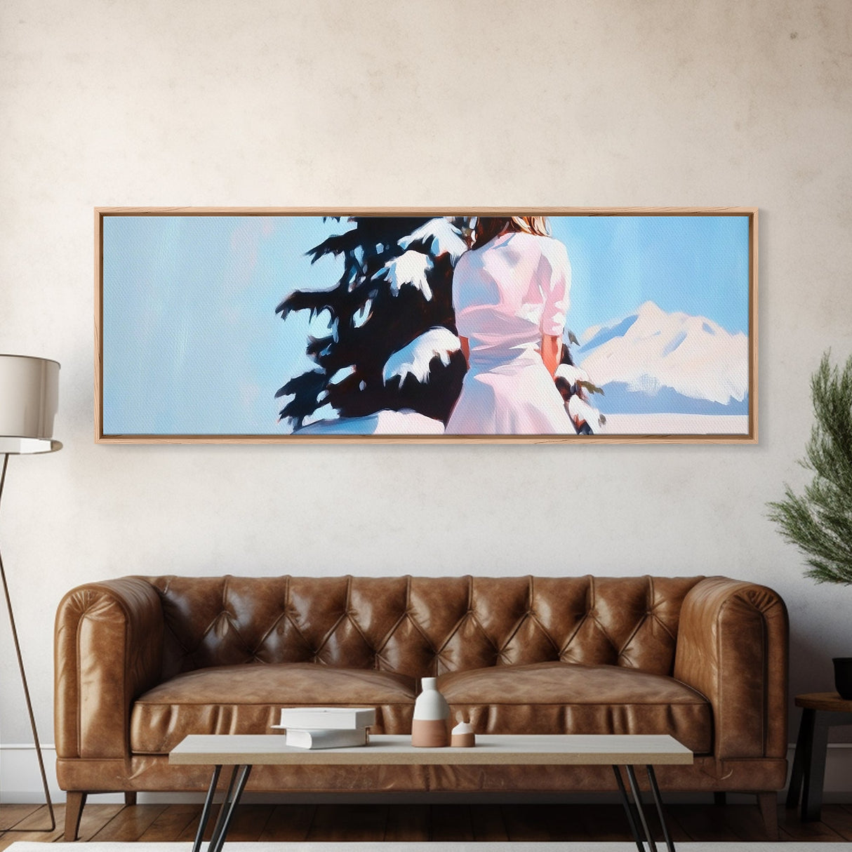 Winter Scene, Snowy Pines, Woman Outdoors, Framed Canvas Print, Christmas Wall Art, Cozy Winter Decor, Rustic Cabin Art, Nature