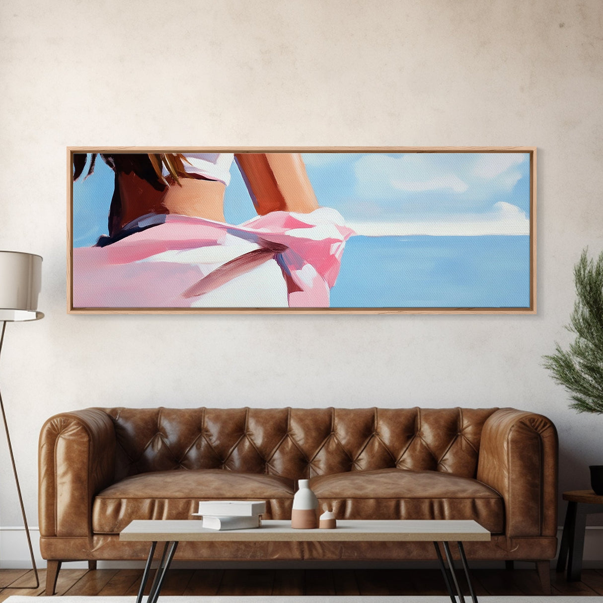 Woman on Beach, Windy Dress, Ocean Breeze, Framed Canvas Print, Feminine Wall Art, Boho Home Decor, Coastal Aesthetic, Bedroom