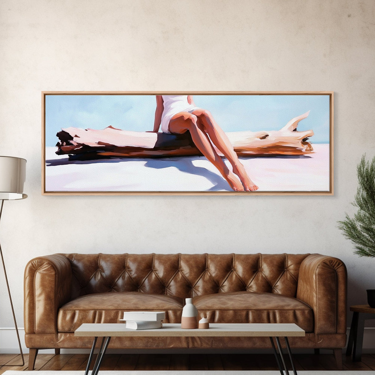 Driftwood Escape, Coastal Living Art, Minimalist Beach Scene, Summer Tones, Framed Canvas Print, Relaxing Home Decor, Ocean Inspired