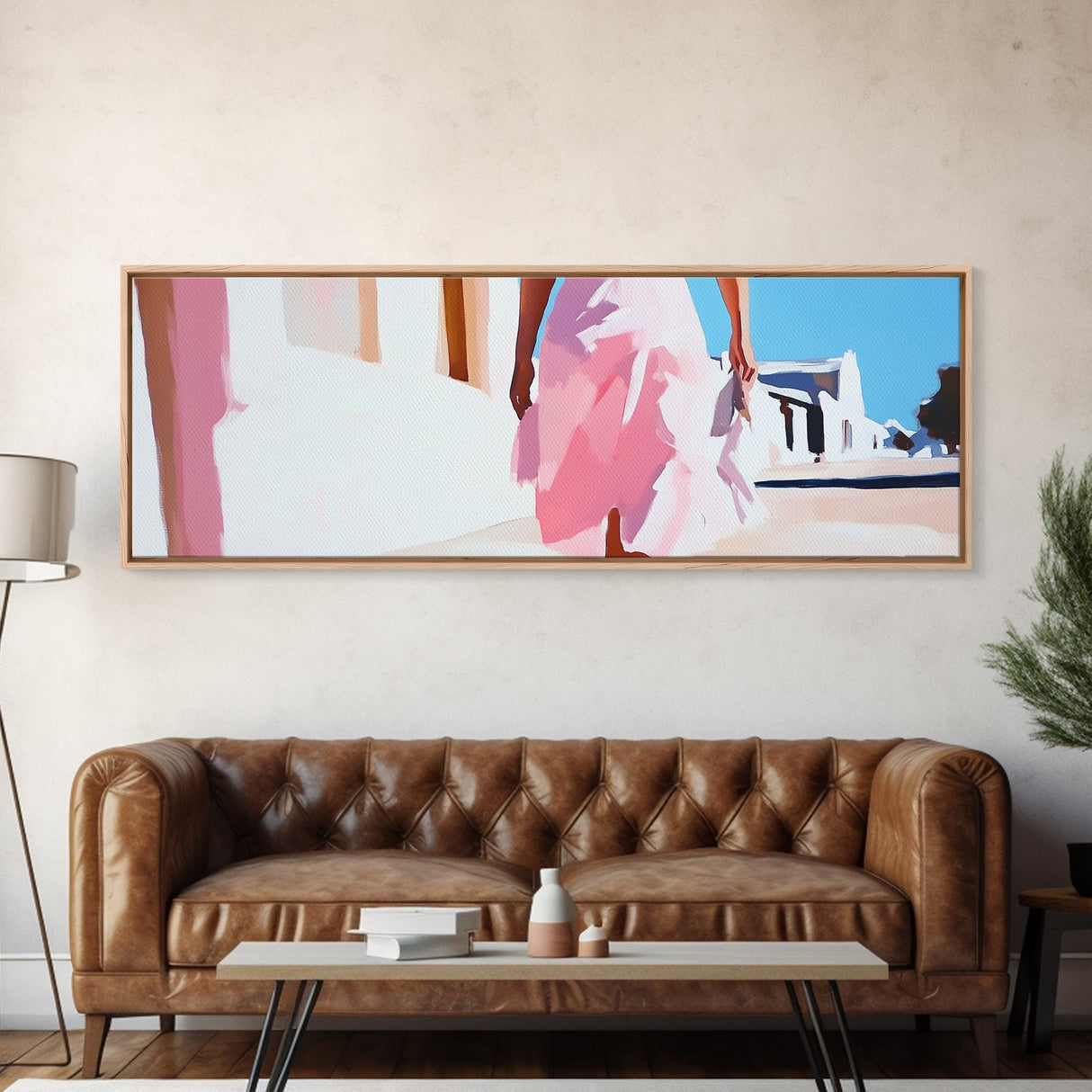 Pink Dress, Elegant Stroll, Romantic Scene, Framed Canvas Print, Modern Wall Art, Feminine Decor, Stylish Living Room Artwork