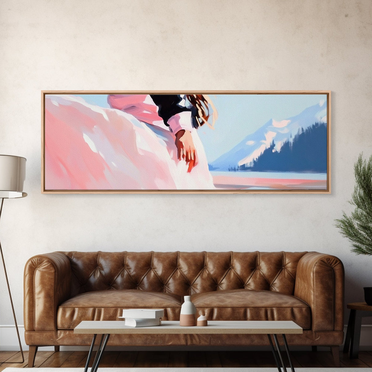 Pink Dress, Mountains, Canvas Print, Romantic Wall Art, Minimalist Painting, Bedroom Decor, Feminine Art, Modern Home Aesthetic