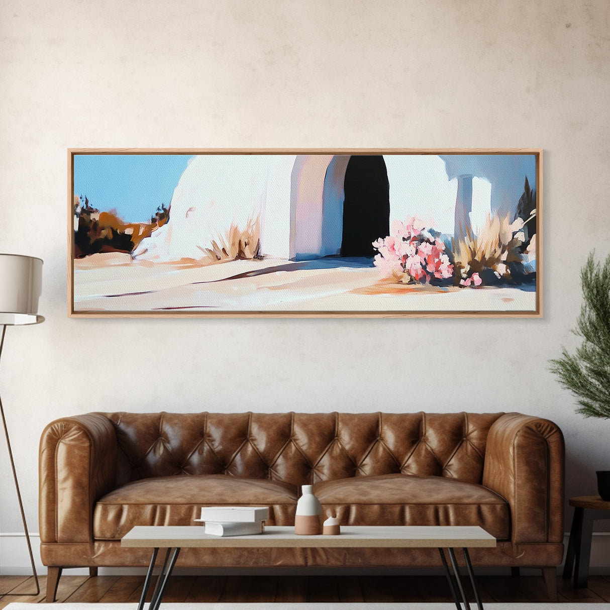 White House, Black Doorway, Blooming Flowers, Framed Canvas Print, Mediterranean Wall Art, Minimalist Architecture, Neutral Decor