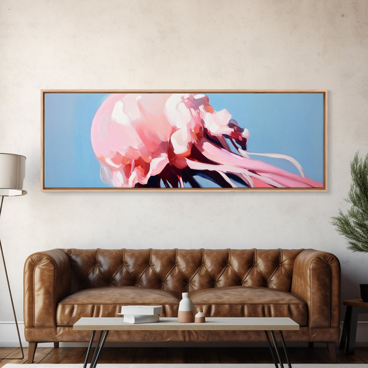 Pink Jellyfish, Ocean Life Art, Coastal Wall Decor, Underwater Aesthetic, Dreamy Sea Creatures, Modern Beach Home, Framed Canvas Print