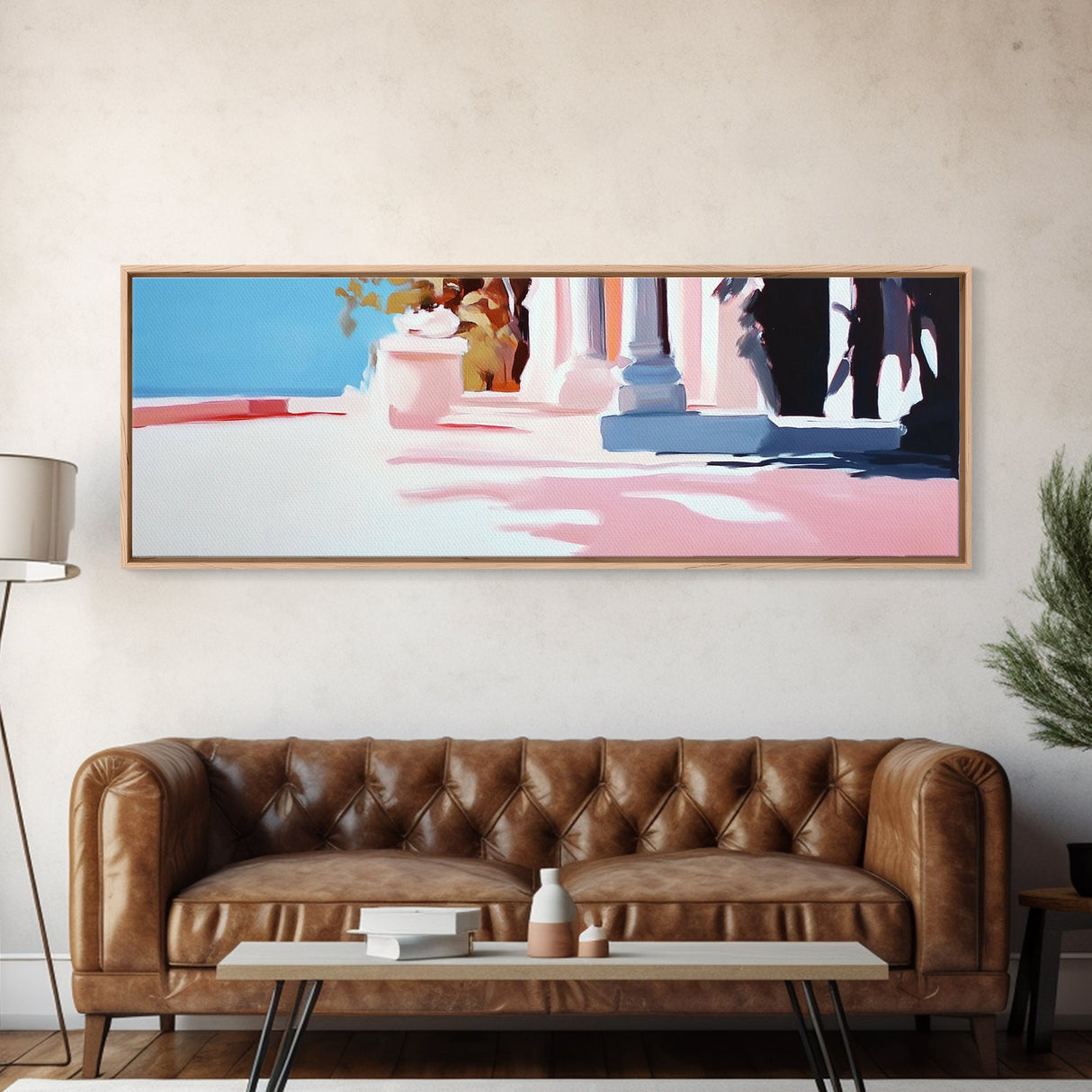 Mediterranean Villa, Sunlit Terrace, Minimalist Landscape, Canvas Print, Living Room Wall Art, Soft Pastels, Modern Architecture Decor