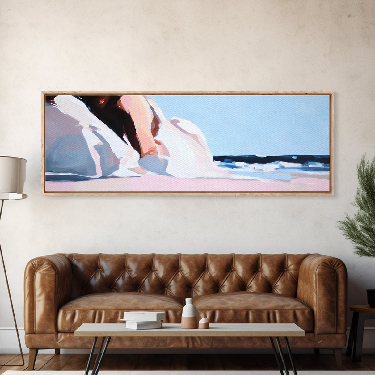 Seaside Woman, Beach Elegance, Minimalist Fashion, Framed Canvas Print, Coastal Wall Art, Soft Pastel Decor, Summer Aesthetic