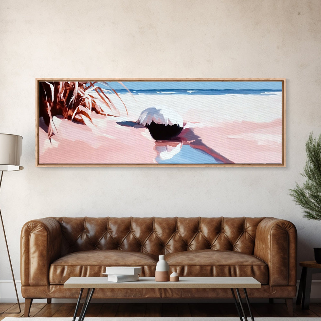 Romantic Beach Scene, Coastal Wall Art, Sunset Ocean Painting, Pastel Beach Framed Canvas Print, Living Room or Office Art
