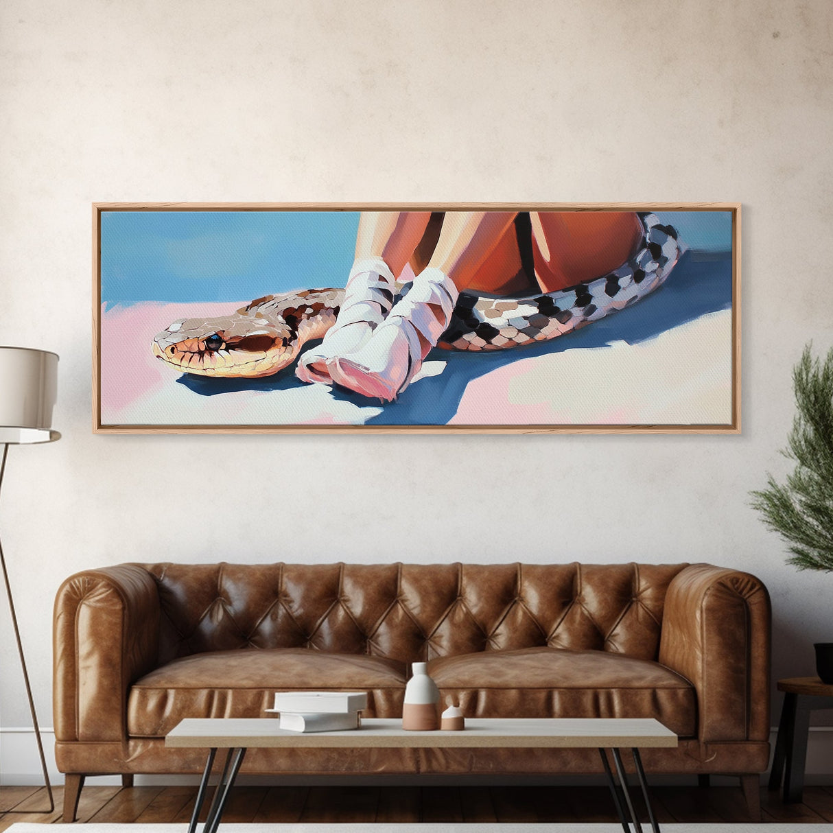 Snake and Ballet Shoes, Surreal Art, Unique Painting, Framed Canvas Print, Edgy Wall Art, Modern Home Decor, Conversation Piece, Bold