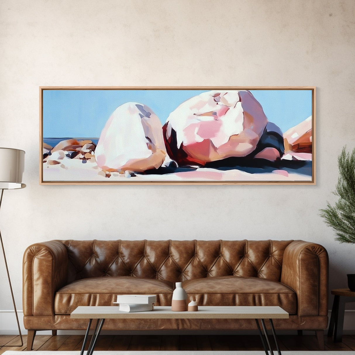 Textured Coastal Boulders, Natural Beach Scene, Earthy Modern Decor, Minimalist Art Print, Living Room Statement, Framed Canvas Print