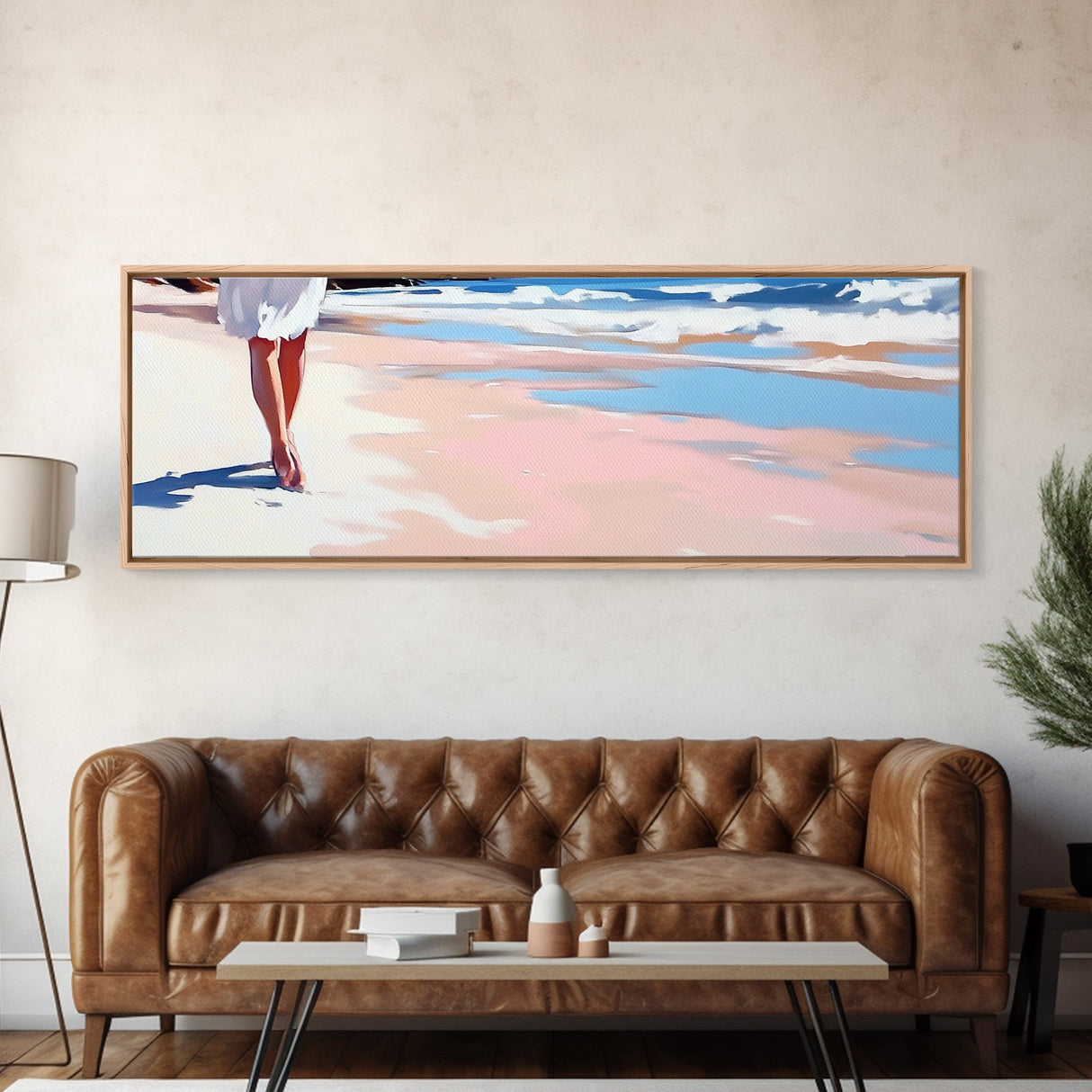 Walking on Beach, Coastal Art, Ocean Painting, Minimalist Seascape, Pastel Sand Decor, Nautical Wall Print, Living Room Art, Canvas Print