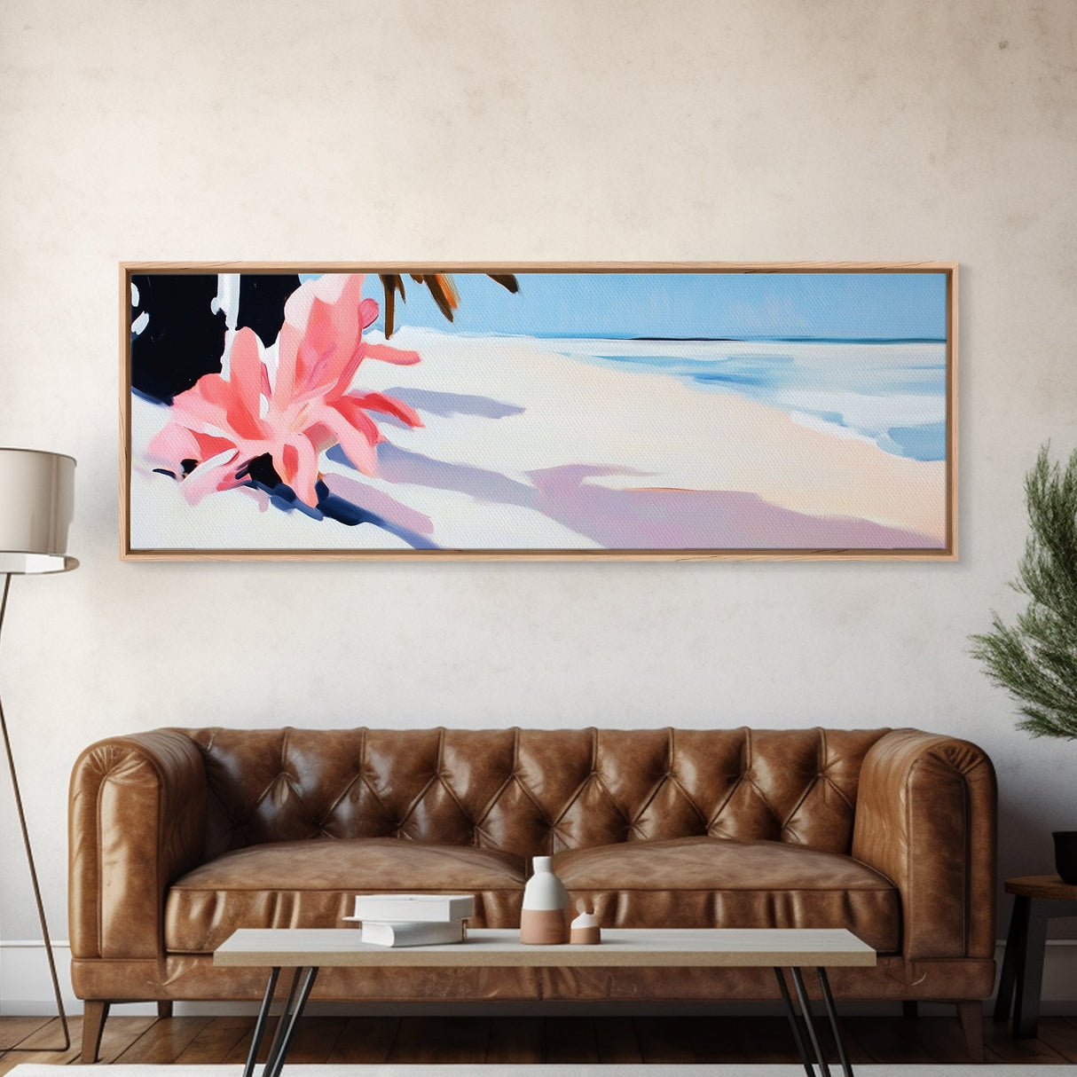 Tropical Beach, Palm Shadow, Minimalist Art, Coastal Wall Art, Summer Aesthetic, Framed Canvas Print, Living Room Art, Boho Beach Decor
