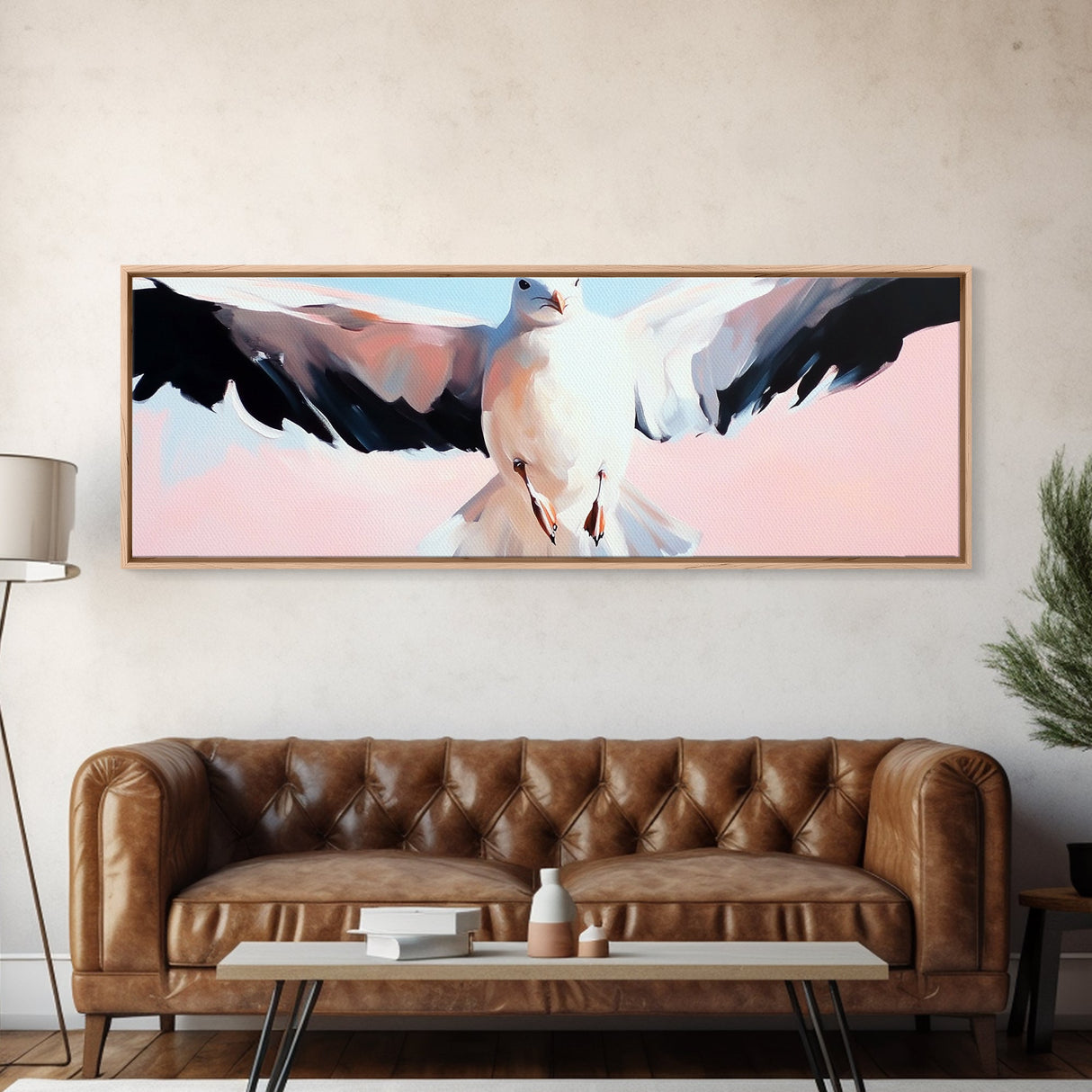 Flying Seagull, Coastal Bird, Ocean Breeze, Nautical Theme, Minimalist Art, Framed Canvas Print, Beach House Wall Art, Seaside Decor